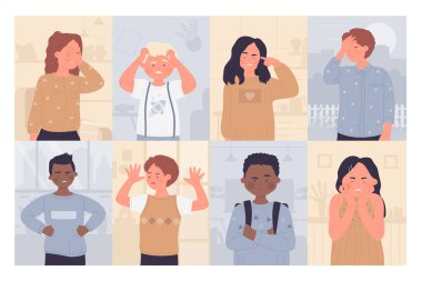 Öfkeli çocuk ve ergen seti, sinirli çocukların sinirli ifadeleri vardır.