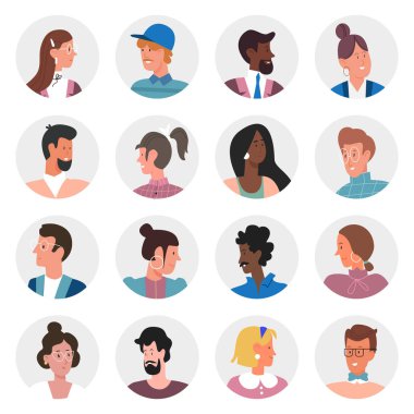 Erkek kadın sosyal medya ağı seti için daire avatarlarıyla karşı karşıya, iş adamları başkanları