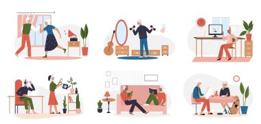 Yaşlılar yaşam tarzı seti, erkek kadın kitap okuyor, müzik eşliğinde dans ediyor, spor yapıyor.