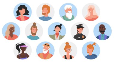 İnsanlar farklı mesleklerden avatarlar, erkek kadın profesyonel işçi portreleri.