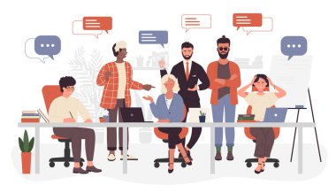 Openspace ofisindeki takım çalışması, şirket çalışanları sohbet eden insanlar.