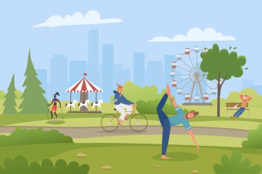 İnsanların dinlendiği, bisiklete bindiği, yoga yaptığı ya da spor yaptığı bir şehir parkı.