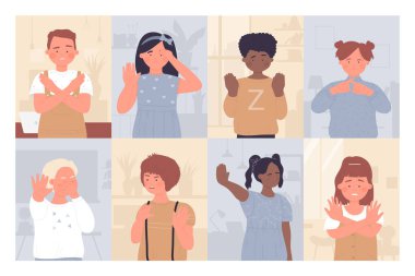 Çocuklar poz vermeyi ve jestleri bırakırlar, sinirli çocuk karakteri dur der, kollarını kavuşturur.