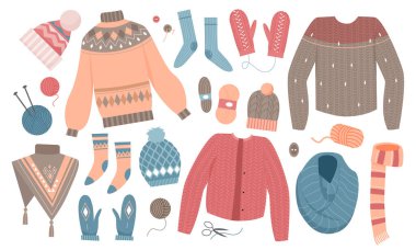 Kış örgü kıyafet takımı, yün örgü koleksiyonu ve atkı çorapları.