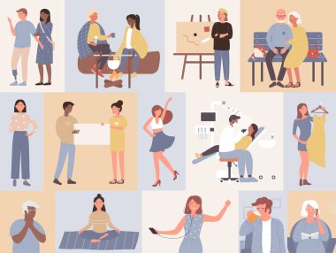 İnsan yaşam tarzı, günlük aktivite koleksiyonu, gündelik hayat yaşayan genç erkek ya da yaşlı kadın.