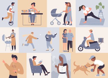 Mutlu insanlar her gün sahne seti, erkek ve kadın karakterler, çizgi film arkadaşları.