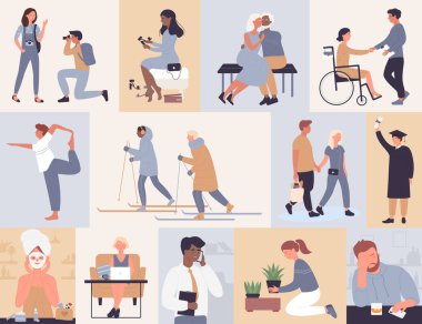 Spor seti çalışanları, kayak yapan erkek kadın esnek alışveriş randevuları çalışanlar.