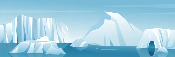 Antártico paisaje amplio paisaje ilustración, naturaleza invierno ártico iceberg y nieve montañas colinas — Archivo Imágenes Vectoriales