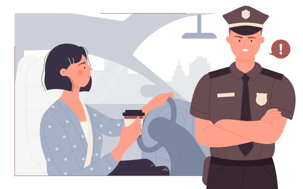La gente conduce, bebe café, peligro de accidente mientras conduce con una mujer joven y un policía — Vector de stock