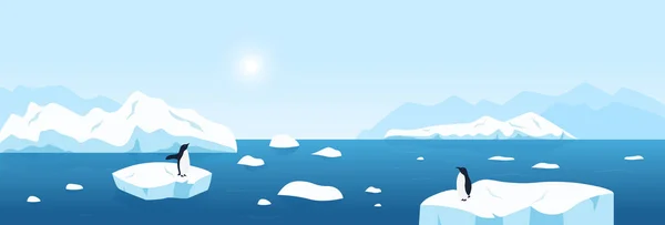 Широкая пейзажная панорама Арктики или Антарктики, северные пейзажи с большими океанскими айсбергами и пингвинами. — стоковый вектор