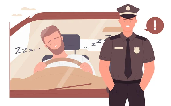 Perigo de dormir durante a condução automóvel, jovem motorista sonolento e policial —  Vetores de Stock