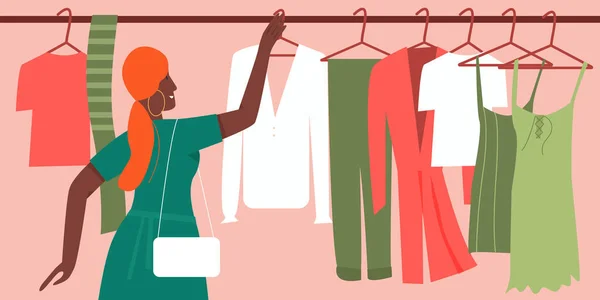 Nő próbál választani divat ruhát butikban vagy boltban, fogyasztói vásárlás — Stock Vector