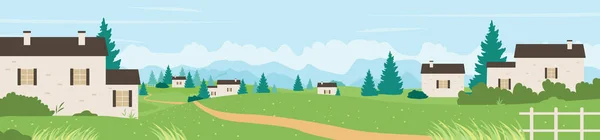 Zelená farma široký panorama krajina pozemek na letní vektorové ilustrace. Cartoon venkovská příroda krajina léto nebo jaro zeleň na polích a kopcích, vesnice dům město — Stockový vektor