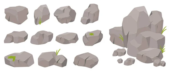 Conjunto de roca de piedra, decorativo individual, apiladas piedras de diferentes formas con hierba de la naturaleza — Archivo Imágenes Vectoriales