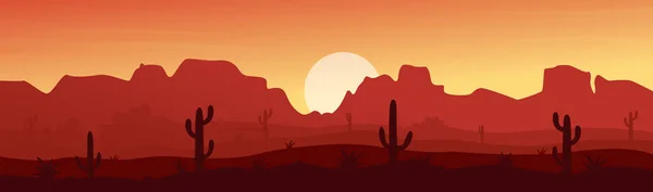 Μεξικάνικη, Τέξας ή την έρημο Arisona φύση στο ηλιοβασίλεμα νύχτα ευρύ πανόραμα τοπίο — Διανυσματικό Αρχείο