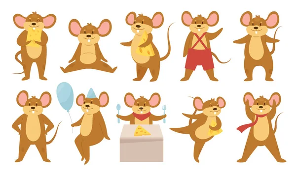 Mignon ensemble d'animaux de souris, souris drôle ou rat manger du fromage à l'anniversaire fête heureuse, danse — Image vectorielle