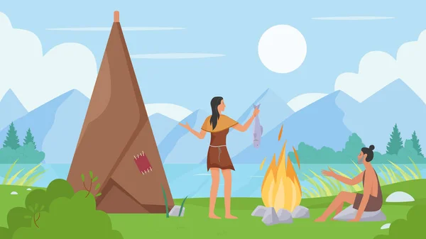 Pessoas pré-históricas cozinham comida, homem das cavernas primitivo sentado ao lume, mulher cozinhando peixe —  Vetores de Stock