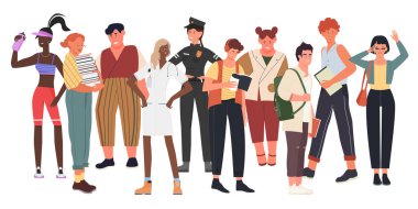 Modern toplum konsepti, insan kalabalığı, çok kültürlü uluslararası kadın grubu.