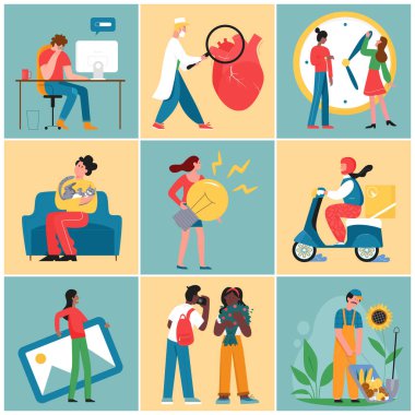 Ofis ve ev işleri, farklı mesleklerden insanlar. Hayat sahneleri hazır, sıkı çalışıyorlar.