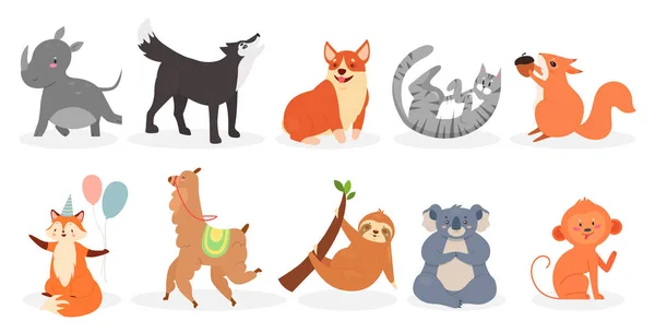 Ensemble d'animaux mignons, animaux domestiques et zoo ou animaux sauvages personnages collection isolée — Image vectorielle