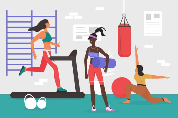Personer som tränar på gym, ung sportig kvinna som tränar på löpband — Stock vektor