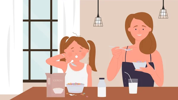 Happy family people eat breakfast food, drôle de mère, fille fille manger le repas du matin — Image vectorielle