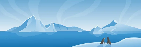 Arctique Antarctique vaste paysage panorama, dessin animé vie marine scène naturelle avec iceberg et pingouins — Image vectorielle