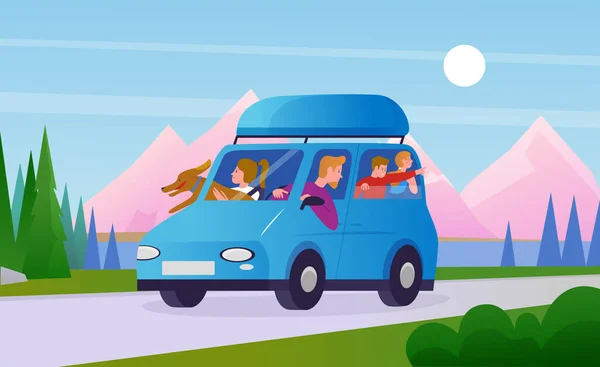 Család emberek utaznak autóval, utazók apa anya gyermekek és a kutya lovagolni a járműben — Stock Vector
