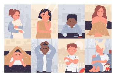 Üzgün kaygılı çocuklar, çocuklar ağlar, üzülürler, mutsuz kız çocuk yalnız oturur.