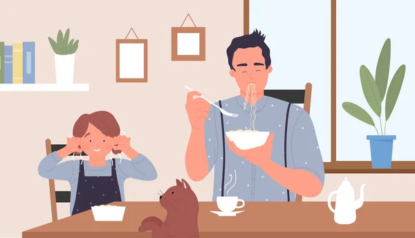 Familie mensen ontbijten, kind en kat zitten aan tafel, spelen in de keuken interieur — Stockvector