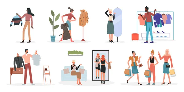 Les gens choisissent des vêtements à la mode à la maison, boutique de mode, homme femme tenant cintre — Image vectorielle
