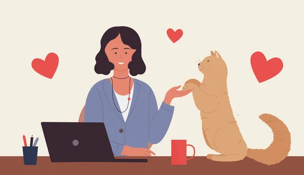 Girl with cat, young woman pet owner sitting with laptop and kitten, holding cat by paw — Stock Vector