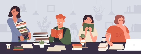 Studenti spolu pracují, čtou a studují, žena sedí u stolu, čte knihy — Stockový vektor