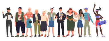 Kalabalık, farklı vatandaşlar, farklı ırktan, meslekten ve yaştan erkek kadınlar.