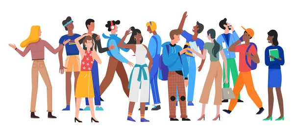 Multitud de personas caminan juntas, concepto de sociedad de moda con los personajes de la mujer del hombre caminando — Vector de stock