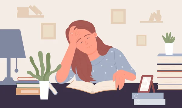 Ihmiset opiskelevat ahkerasti, väsynyt opiskelija, poika nukkuu pöydällä kirjojen vieressä, työskentelee ylikuormitus — vektorikuva
