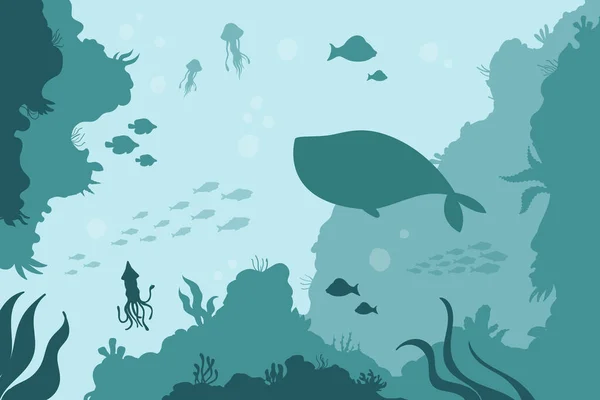 海底下にはイカクラゲクジラ、海塩水にはサンゴ礁 — ストックベクタ