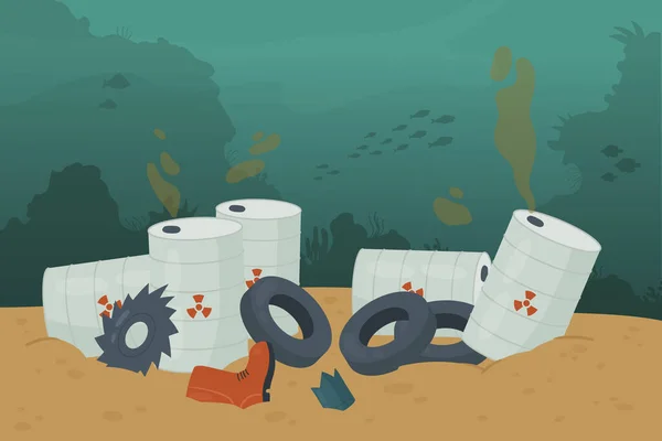 Hulladékszennyezés az óceáni tengervízben és fenéken, szemeteskocsi-gumiabroncsok, olajszállító tartályhajók — Stock Vector