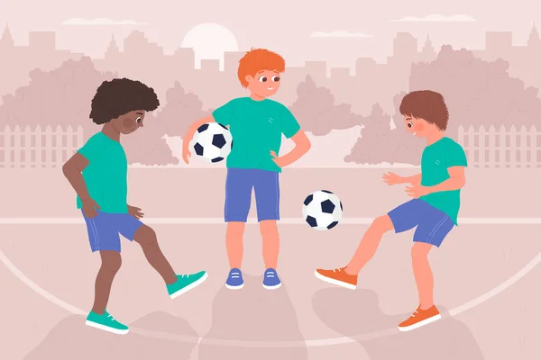 Çocuklar top oynuyor, futbol sağlıklı spor aktiviteleri, çocuklar birlikte futbol oynuyor. — Stok Vektör