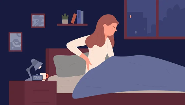 Fille malade somnolente souffre d'insomnie douloureuse la nuit, jeune femme fatiguée assise au lit — Image vectorielle
