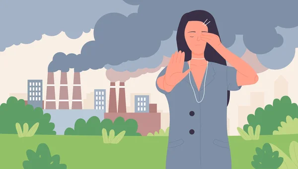 Pare de fumaça de poeira poluição do ar, economize ecologia, mulher voluntária mostrando gesto de parada — Vetor de Stock