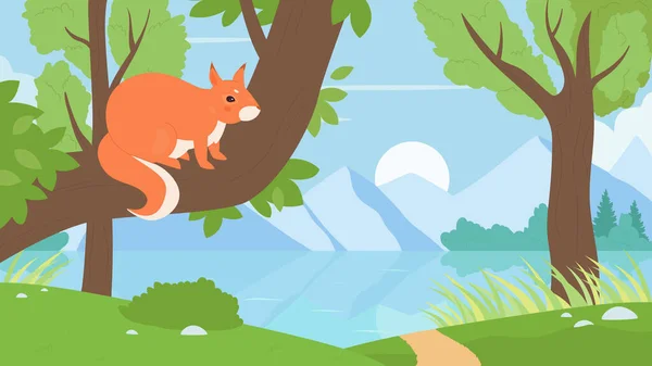 森の自然の中で木の枝に座ってリス,夏の葉で遊ぶ野生動物 — ストックベクタ