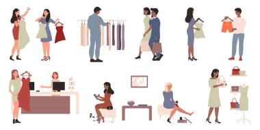 İnsanlar moda seti, mağazadan ya da butikten alışveriş basamakları, ödeme sahnesi alırlar.