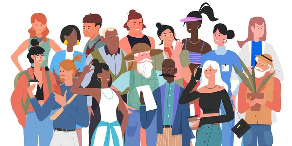 多样化的现代社会，人们拥挤在一起，老年或青年男女站在一起 — 图库矢量图片