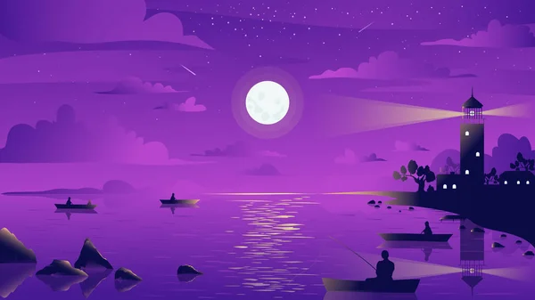 Ночной лунный пейзаж маяка, рыбак в лодке, ловить рыбу с удочкой — стоковый вектор