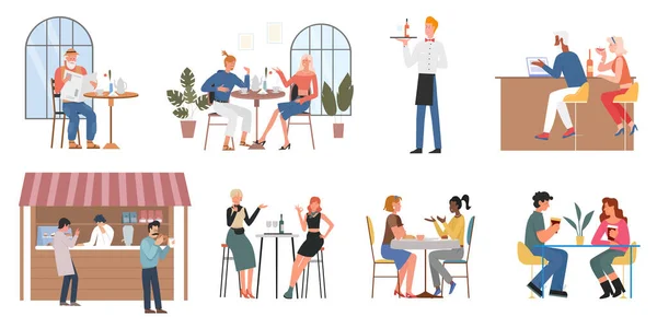 Les gens mangent de la nourriture, boivent ensemble de café, couple ou amis assis au bar-restaurant café — Image vectorielle