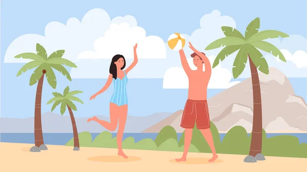 Pessoas casal jogar vôlei de praia, férias de verão na costa tropical resort — Vetor de Stock