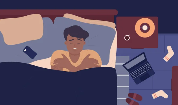 Homme malade souffrant de la fièvre grippale maladie, garçon présentant des symptômes de grippe froide couché au lit — Image vectorielle