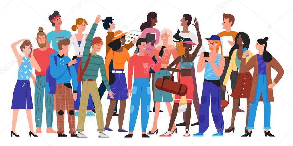 Diversity crowd people stand together, different multiethnic man woman characters group