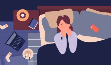Girl in depression anxiety insomnia problem at night, unhappy upset woman lying in bed